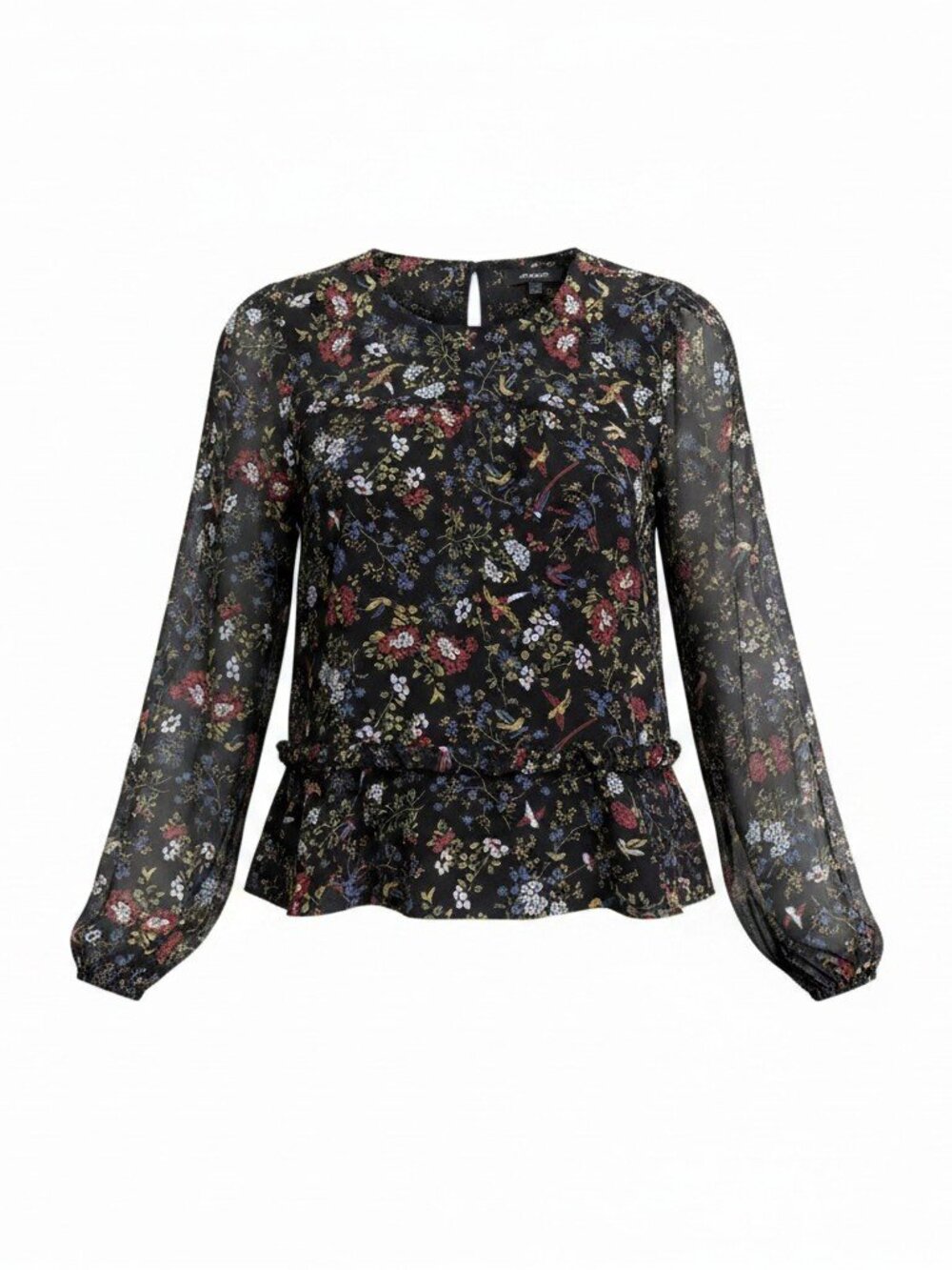 Madewell Floral Bird Print Peplum Long Sleeve Blouse Size S Black — EUC